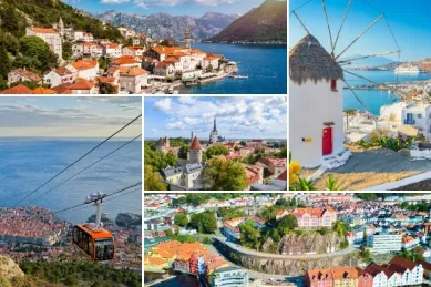 Top 5 Häfen für stressfreie Landgänge Collage mit den einzelnen Häfen: oben links Kotor, unten links Dubrovnik, oben rechts Mykonos, unten rechts Bergen, in der Mitte Tallinn.