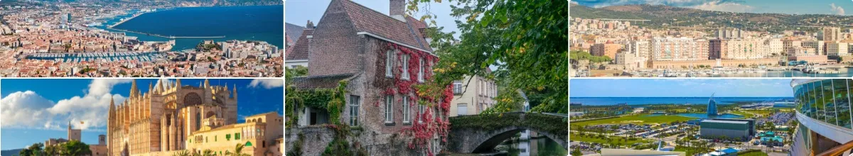 Collage der einzelnen Häfen: oben links Marseille, unten links Palma, mittig Zeebrügge, unten rechts Port Canaveral, oben rechts Civitavecchia.