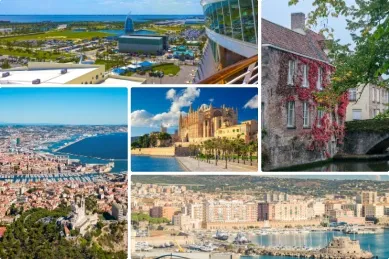 Die Top 5 familienfreundlichsten Häfen Collage der Häfen: oben links Port Canaveral, oben rechts Zeebrügge, unten links Marseille, unten rechts Civitavecchia, in der Mitte Palma de Mallorca.