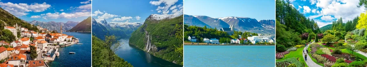Collage mit vier der Häfen von links nach rechts: Kotor, Geiranger, Akureyri, Victoria.