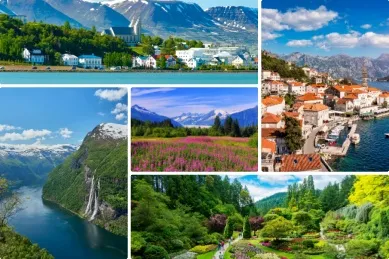 Top 5 Häfen für Naturliebhaber Collage der Häfen: oben links Akureyri, oben rechts Kotor, unten links Geiranger, unten rechts Victoria, in der Mitte Juneau.