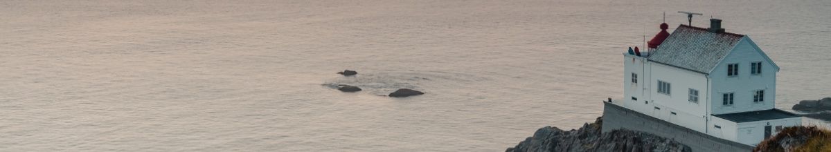 Måløy in Norwegen: Ein gemütliches Haus steht auf einer Klippe. Im Meer schwimmen Wale direkt an der Küste.