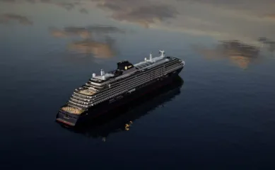 Ein Rendering der EXPLORA IV auf hoher See. Es ist Abends und das Wasser ist schon schwarz gefärbt.