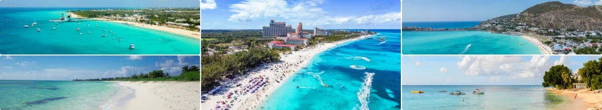 Collage der einzelnen Häfen: oben links Grand Turk, unten links Bridgetown, mittig Nassau, unten rechts Cozumel, oben rechts Philipsburg.