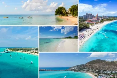 Top 5 Kreuzfahrthäfen für Strandtage Collage der Häfen: oben links Bridgetown, oben rechts Nassau, unten links Grand Turk Island, unten rechts Philipsburg, in der Mitte Cozumel.