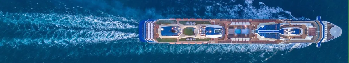 Top 5 familienfreundlichste Kreuzfahrtschiffe Kreuzfahrtschiff fährt über das Wasser, von oben fotografiert.