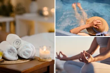 Top 5 Kreuzfahrten für Wellness und Erholung dreiteiliges Bild: Links gerollte Handtücher und eine Kerze, oben rechts eine Frau im Whirlpool mit Sonnenhut, unten rechts eine Frau im macht Yoga man sieht die Hände und Beine.