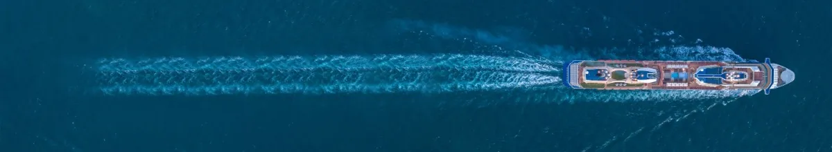 Kreuzfahrtschiff fährt über das Wasser, von oben fotografiert.