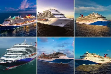 sechsteilige Collage mit den einzelnen Carnival Schiffen, von oben rechts nach unten links: Mardi Gras, Carnival Horizon, Carnival Dream, Carnival Splendor, Carnival Glory, Carnival Legend.