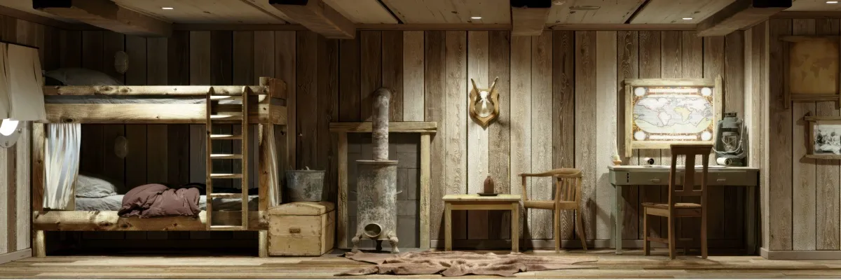 Die historische 1896 Kabine von HX Rendering: Die historische HX Kabine entspricht dem Jahr 1896. Ein Stockbett, Ofen, ein kleiner Tisch mit Öllampe und originalgetreuer Dekoration.