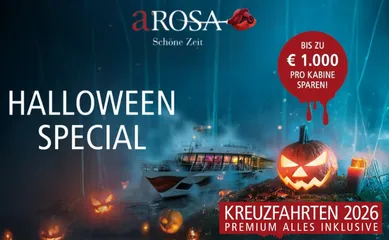Halloween-Special von A-ROSA Banner der Halloween-Aktion von A-ROSA mit Jack-o-Lantern und Flusskreuzfahrtschiff im Grusel-Stil.