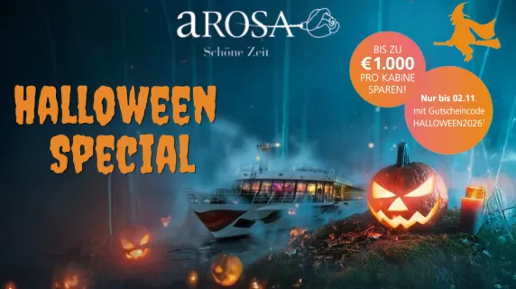 Halloween-Special von A-ROSA mit bis zu 1.000 € Rabatt Banner der Halloween-Aktion von A-ROSA mit Jack-o-Lantern und Flusskreuzfahrtschiff im Grusel-Stil.