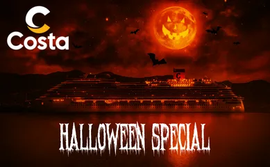 Monstermäßig gute Angebote im Costa Halloween-Special! Costa Schiff in gruseliger Athmosphäre mit einem orangenen Mond mit Kürbisgesicht und flatternden Fledermäusen sowie der Aufschrift Halloween-Special in Grusel-Schrift.