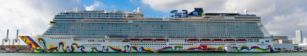 Modernes und bunt verziertes Kreuzfahrtschiff der Norwegian Cruise Line im Hafen von Miami.