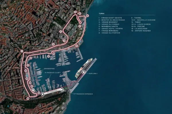Der Lageplan zeigt an welcher Anlegestelle EXPLORA I in Monaco hält. Außerdem ist die Rennstrecke des Formel 1 Grand Prix de Monaco hervorgehoben.