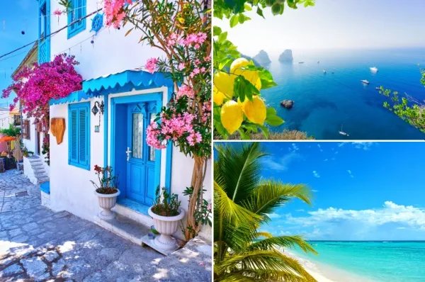 Reiseziele der Legend of the Seas dreiteilige Collage: links blau-weiße Häuser mit pinken Blüten in Griechenland, oben rechts Zitronenpflanzen und im Hintergrund Boote auf offenem Meer, unten rechts Palmen und türkisfarbenes Meer am Sandstrand auf der Karibik.