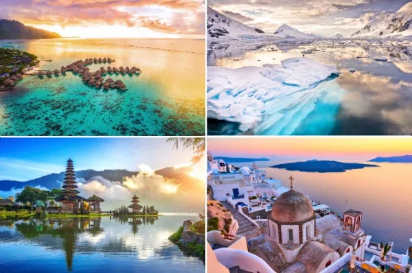 Routen und Reiseziele Royal Caribbean vierteiliges Bild mit unterschiedlichen Reisezielen: oben rechts Antarktis, oben links Tahiti, unten rechts Santorini, unten links Bali.