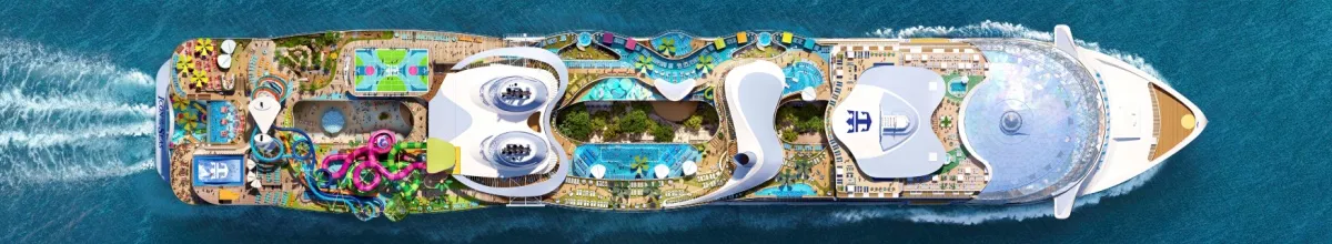 Royal Caribbean Die Reederei Die Icon of the Seas von oben fotografiert mit Blick auf das Sonnendeck, Pools und Aktivitäten.