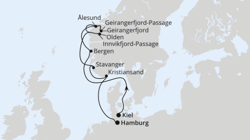 Norwegens Fjord-Weltnaturerbe ab Kiel Kiel - Bergen - Geirangerfjord - Welterbe-Geirangerfjord-Pass - Alesund - Olden - Innvikfjord-Passage - Stavanger - Kristiansand - Hamburg