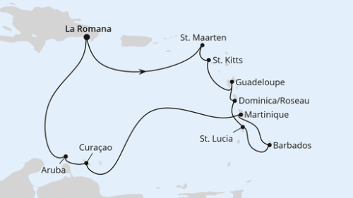 Karibische Inseln ab Dominikanische Republik La Romana/Dom. Republik - Philipsburg - Basseterre - Pointe A Pitre - Rouseau - Castries - Bridgetown/Barbados - Fort De France - Willemstad - Willemstad - Oranjestad - La Romana/Dom. Republik