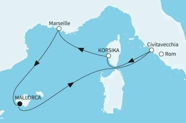 Willkommensreise mit Korsika mit Mein Schiff Flow Route: Mallorca - Rom/Civitavecchia - Korsika - Marseille - Mallorca