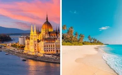 2-teiliges Bild: Links Parlamentsgebäude am Donauufer in Budapest im Sonneuntergang, rechts Strand mit Palmen auf Tahiti.