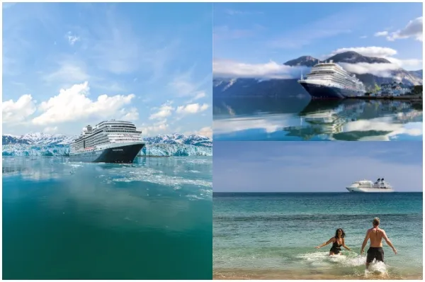 dreiteiliges Bild der Holland America Schiffe an verschiedenen Orten: links in Alaska vor eisbedeckten Gletschern, oben rechts vor einem Fjord in Norwegen und unten rechts im Hintergrund auf dem türkisblauen Meer in der Karibik.