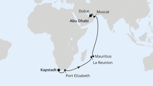 Kapstadt - Kapstadt - Port Elizabeth - Le Port - Port Louis - Äquatorüberquerung - Muscat - Dubai (Port Rashid) - Dubai (Port Rashid) - Dubai (Port Rashid) - Abu Dhabi - Abu Dhabi