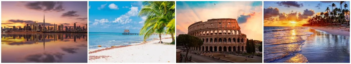 Weltreise 2028 mit MSC 4-teiliges Bild: von links nach rechts Dubai, ein Strand, Rom und Teneriffa.