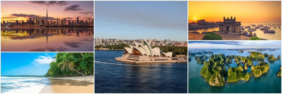 Lange Stopps 5-teiliges Bild: Dubai, Puerto Limon, Sydney, Halong Bay und Mumbai