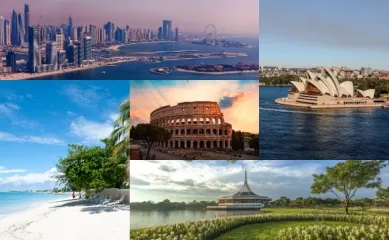 5-teiliges Bild: Oben links Dubai am Abend, unter links ein Strand auf Puerto Limon, mittig der Kolosseum in Rom, oben rechts die Oper in Sydney und unten rechts Tempel in Bangkok.
