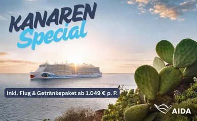 Die AIDAcosma auf dem Weg zu den kanarischen Inseln, im Vordergrund ein Kaktus und im Hintergrund das Schiff auf hoher See.