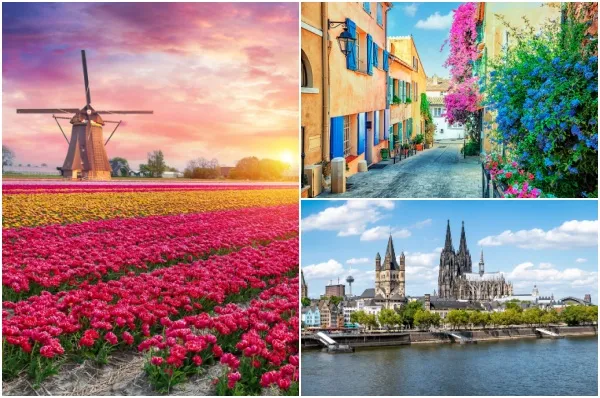 AMADEUS Frühlingskreuzfahrten 3 teiliges Bild: Links die Tulpen in die Niederlande, oben rechts eine Stadt in Provence, unten rechts Blick über Köln und Rhein.