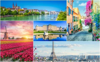 5-teiliges Bild: oben links Blick über Basel, unten links die Tulpen in Amsterdam, oben rechts eien Stadt in Provence, unten rechts der Eifelturm in Paris, in der Mitte Blick über Belvedere in Wien.