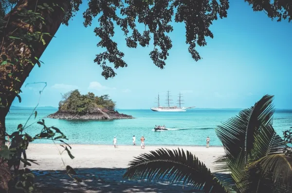 Im Hintergrund ein Segelschiff von Sea Cloud Cruises in der Karibik auf türkisfarbenem Meer daneben eine kleine grüne Insel, vorne Sandstrand und Palmen.
