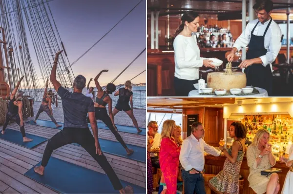 dreiteiliges Bild zum Bordleben von Sea Cloud Cruises: links Personen, die auf dem Deck Yoga machen, oben rechts serviert ein Koch einer Frau Nudeln im Parmesanlaib, unten rechts mehrere Personen an einer Bar.