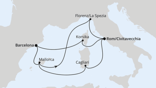 Spanien, Frankreich & Italien ab Barcelona 1 Barcelona - Palma - Florenz/La Spezia - Rom/Civitavecchia - Ajaccio/Korsika - Barcelona - Palma - Cagliari - Rom/Civitavecchia