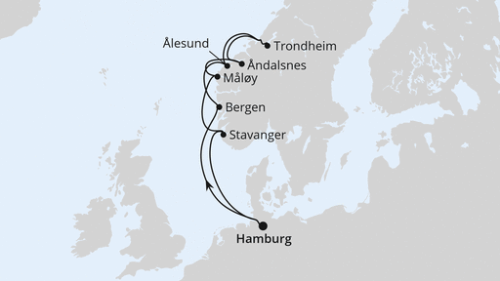 Norwegens Fjorde ab Hamburg Hamburg - Bergen - Alesund - Trondheim - Andalsnes - Maloy - Stavanger - Hamburg