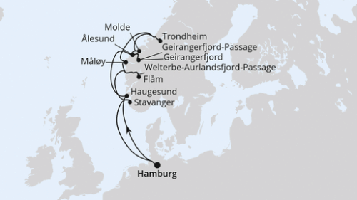 Norwegens Fjord-Weltnaturerbe ab Hamburg 2 Hamburg - Haugesund - Geirangerfjord - Welterbe-Geirangerfjord-Pass - Alesund - Molde - Trondheim - Maloy - Flam - Welterbe-NÆRØYfjord-Passage - Stavanger - Hamburg