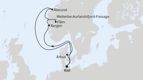 Norwegens Welterbe ab Kiel Kiel - Bergen - Flam - Welterbe-Aurlandsfjord-Passa - Alesund - Arhus - Kiel