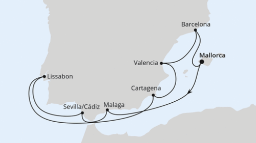 Spanien & Portugal ab Mallorca Palma - Malaga - Sevilla/Cadiz - Lissabon - Lissabon - Cartagena - Valencia - Barcelona - Palma