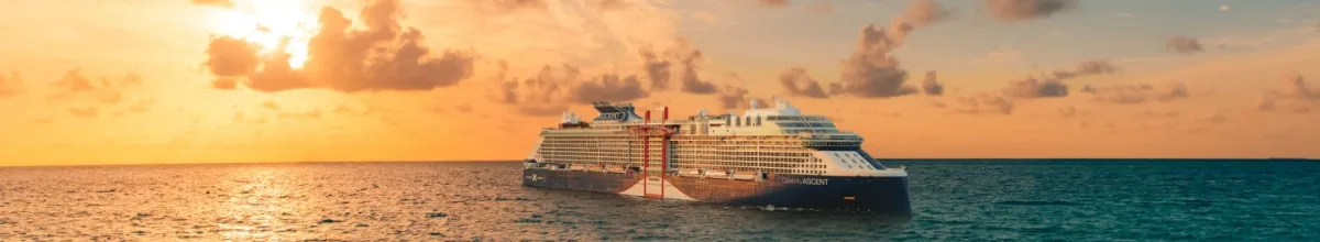 Das Schiff Celebrity Acsent aus der Celebrity Flotte auf hoher See in traumhaftem Sonnenuntergang.