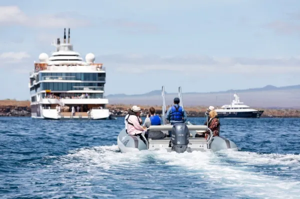 Zwei Personen auf einem Schlauchboot fahren auf das Heck der Celebrity Flora aus der Celebrity Cruises Expedition Klasse zu.