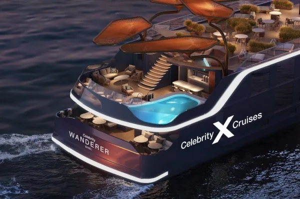 Ein Rendering der Celebrity Wanderer, einem luxuriösen Flusskreuzfahrtschiff im Wasser bei Nacht.