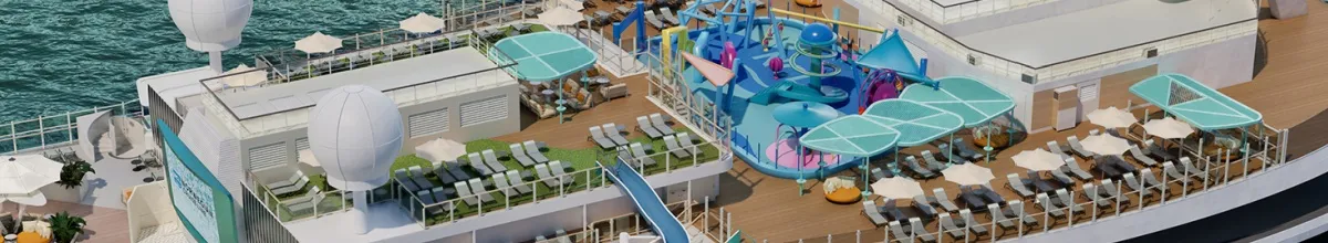 Das Pooldeck der Norwegian Aura™ mit Sonnenliegen, Wasserrutsche und Pools.