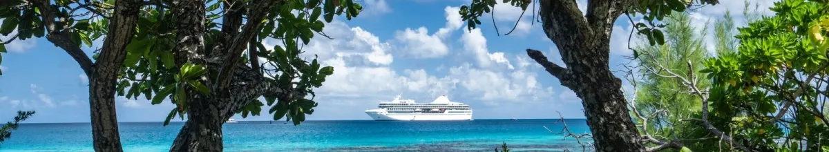 Die Paul Gauguin im Südpazifik aufgenommen von der Küste Französisch Polynesiens und eingerahmt von Bäumen und Palmen.