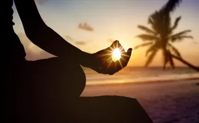 AIDA Feelgood Cruise 2026 - Entspannung pur Während Sonnenuntergang ist ein Schatten von einer Person, die meditiert zu sehen, rechts gibt es eine Palme.