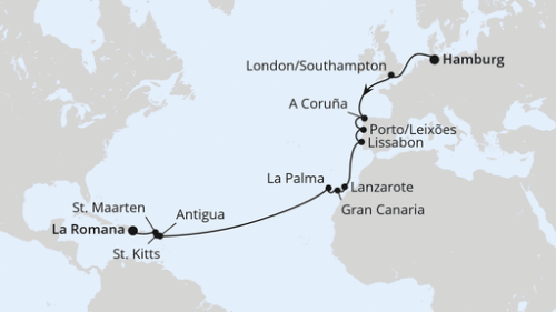 Hamburg - Southampton - La Coruna - Porto/Leixoes - Lissabon - Arrecife/Lanzarote - Las Palmas/Gran Canaria - Santa Cruz/La Palma - St.Johns - Basseterre - Philipsburg - La Romana/Dom. Republik