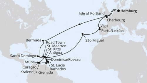 Hamburg - Portland - Uk - Hamilton - Hamilton - Santo Domingo/Dom. Republik - Philipsburg - Rouseau - Castries - Bridgetown/Barbados - St.George's - Willemstad - Kralendijk - Oranjestad - Roadtown - St.Johns - Basseterre - Ponta Delgada - Porto/Leixo