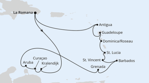 La Romana/Dom. Republik - Kralendijk - Willemstad - Oranjestad - St.George's - Bridgetown/Barbados - Kingstown - Castries - Rouseau - Pointe A Pitre - St.Johns - La Romana/Dom. Republik